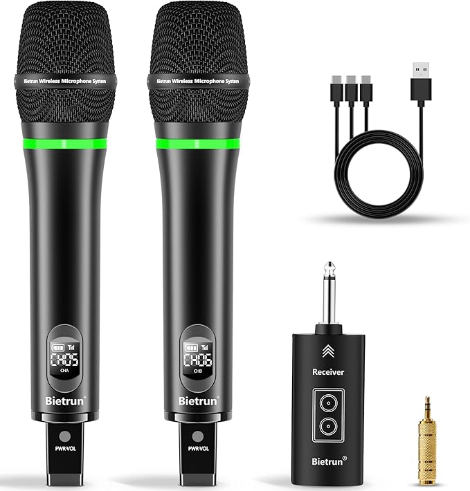 Bietrun Rechargeable Wireless Microphone, Dual Metal Cordless Handheld Dynamic Wireless Mics with 14'' Output for Karaoke, Meeting, Singing, Church, Wedding(UHF 240ft Range)(Receiver with Bluetooth)